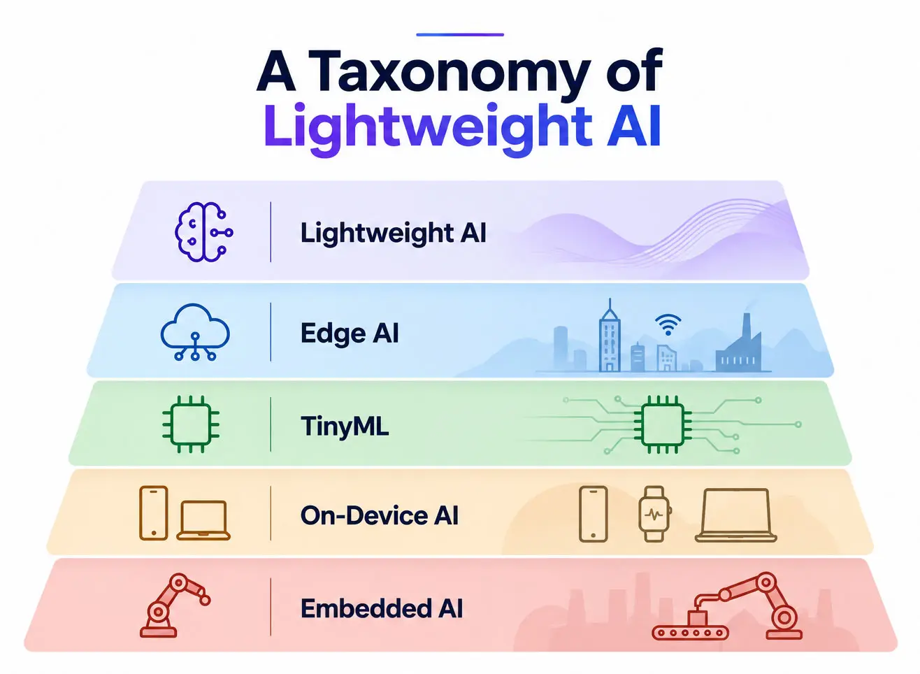 Diagram showing lightweight-AI Diagram showing lightweight AI as the umbrella term encompassing edge AI, TinyML, on-device AI, and embedded AI by hardware scale